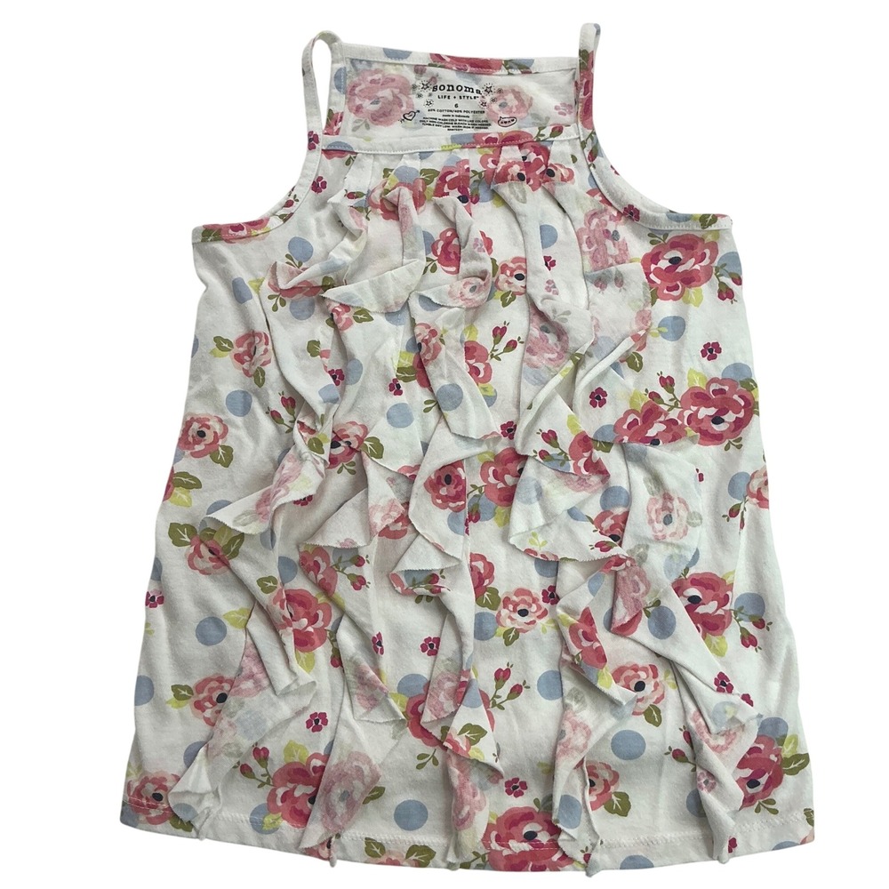 Sonoma White Floral Polka Dot Ruffle Tank Top Kids Size 6 Sleeveless Jersey